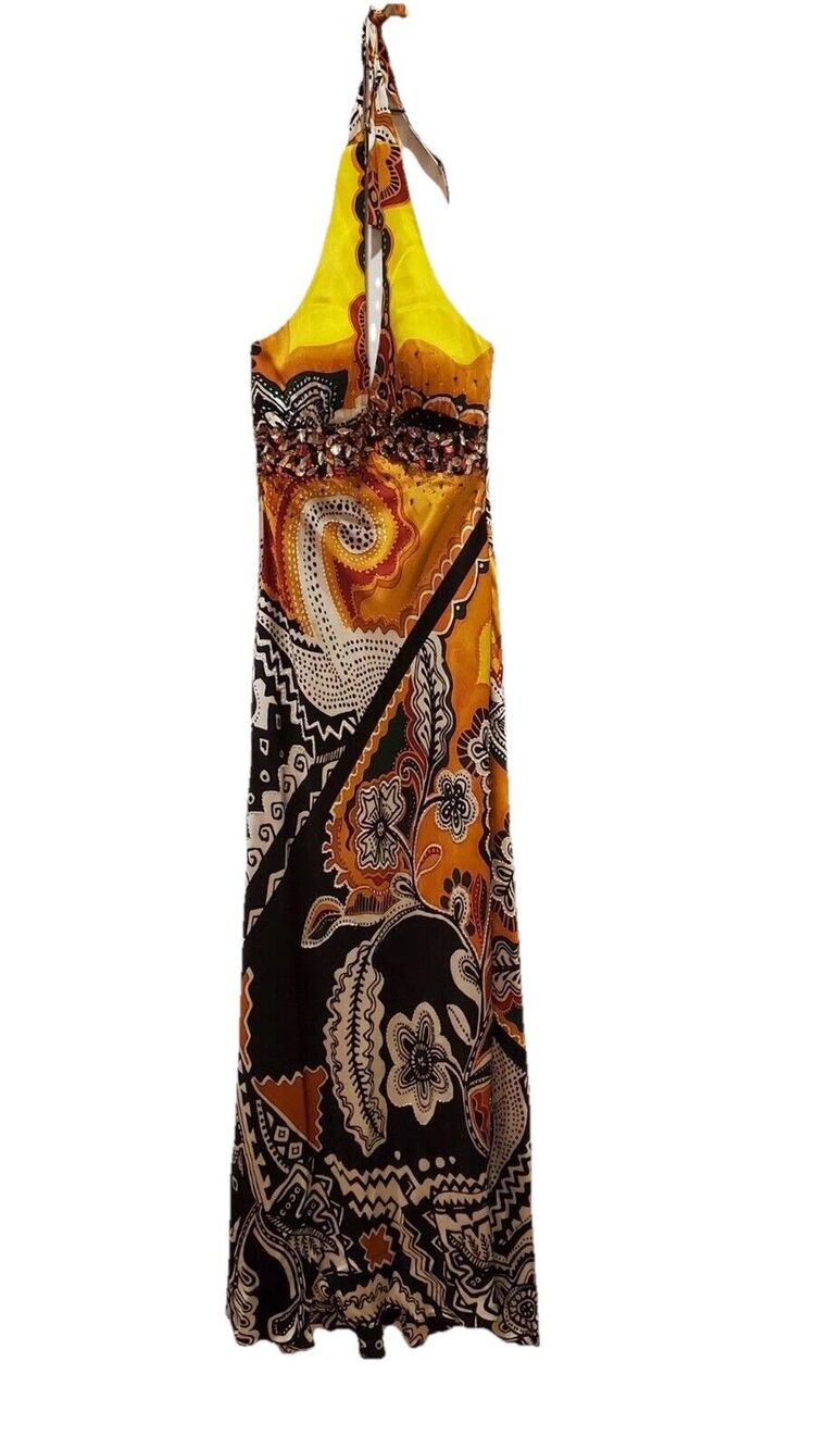 MARY L COUTURE Beads Halter print Dress Sz 10 Yellow Multi 100% SILK